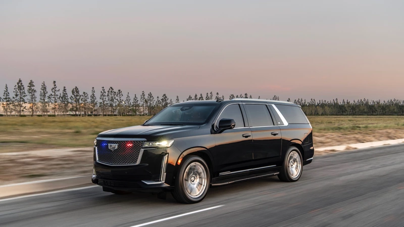 Armored Cadillac Escalade, leather-wrapped, bulletproof, mobile safe.